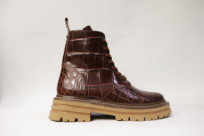 Dames Laarsje Croco Patroon Bruin Leer