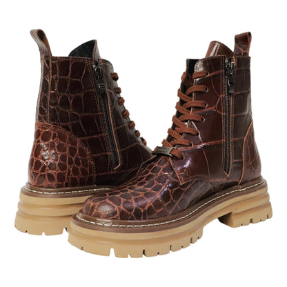 Dames Laarsje Croco Patroon Bruin Leer