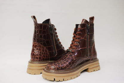 Dames Laarsje Croco Patroon Bruin Leer