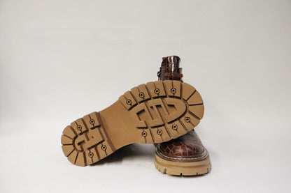 Dames Laarsje Croco Patroon Bruin Leer